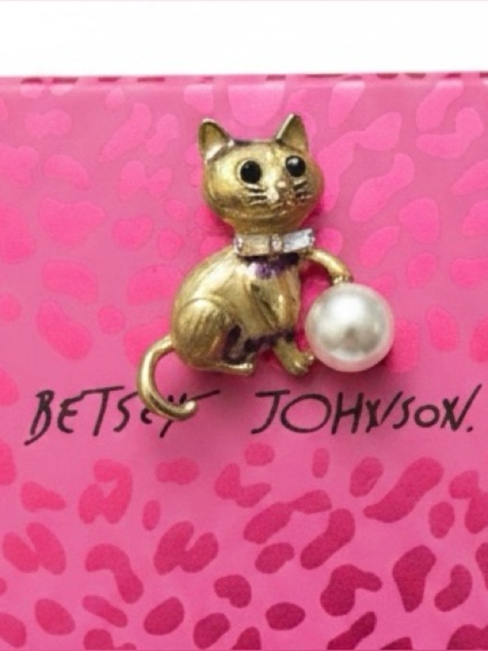 Betsey Johnson Gold-Tone Cat Brooch with Faux Pearl